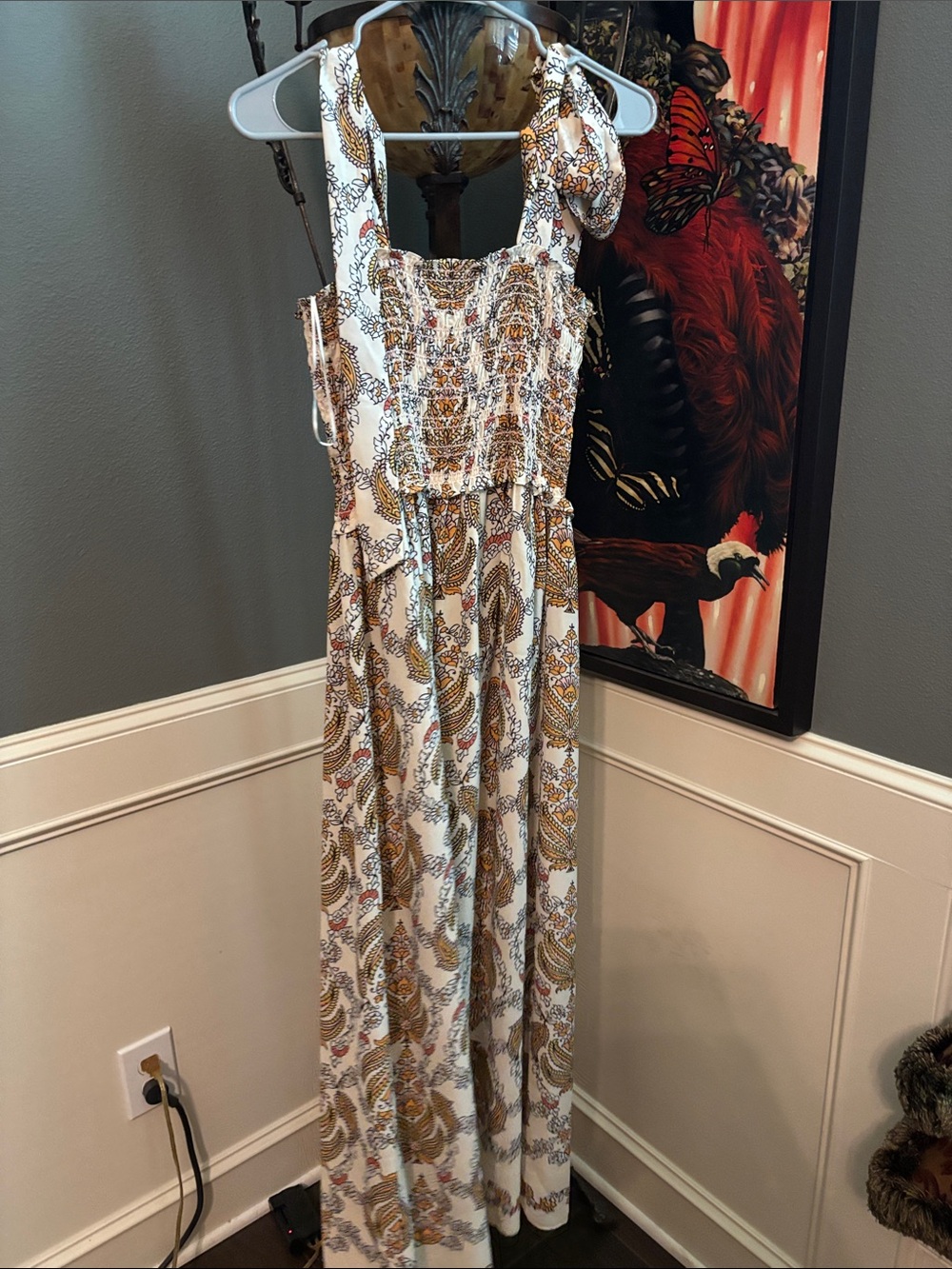 Max Studio White Maxi Dress with Gold and Brown Paisley Print - M